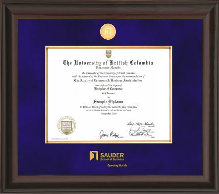 SAUDER BCOM - Mahogany finish wood frame, blue velvet matting and gold medallion and embossed logo